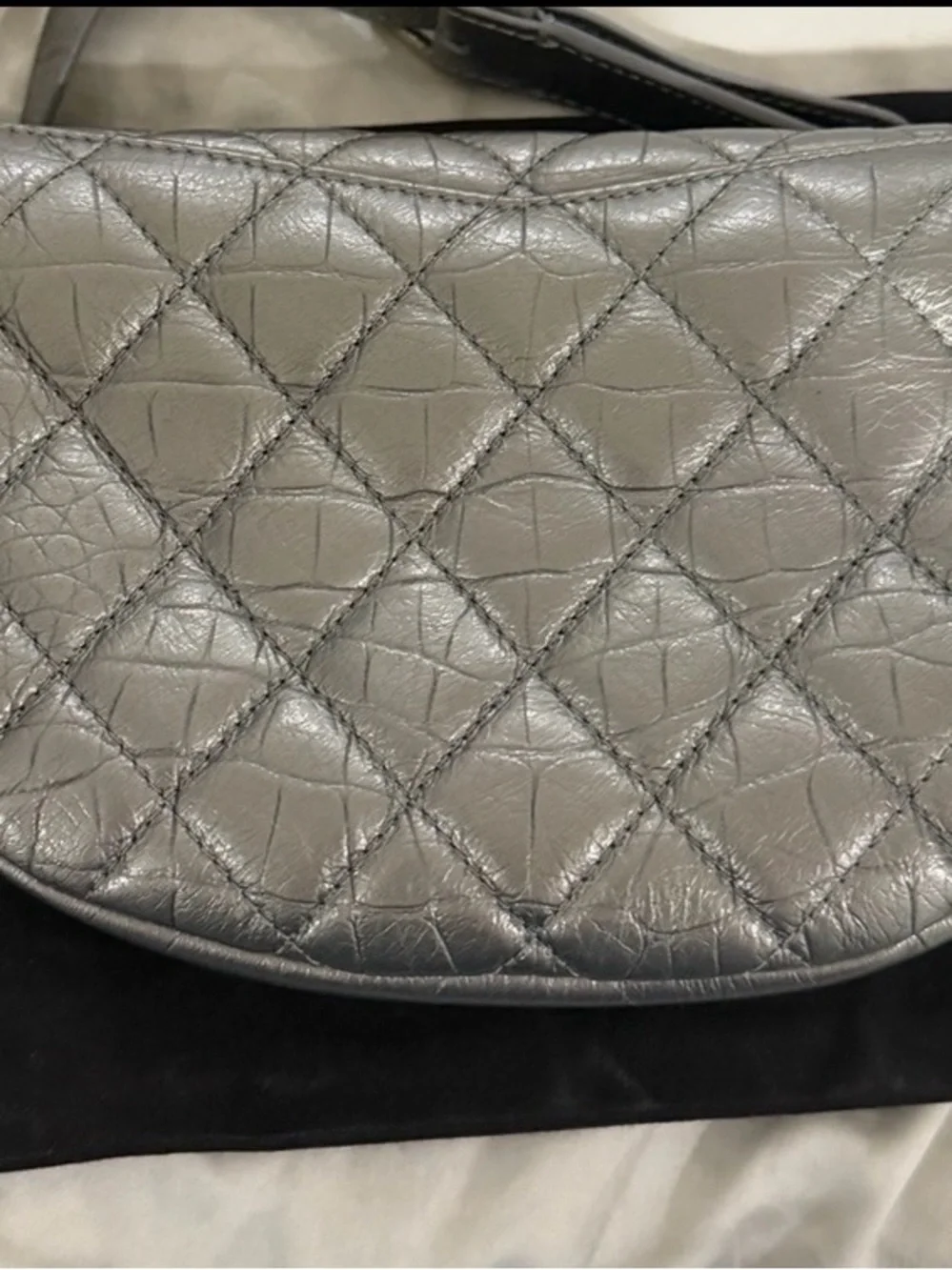 CHANEL Metallic Silver Quilted Leather Crossbody Bag